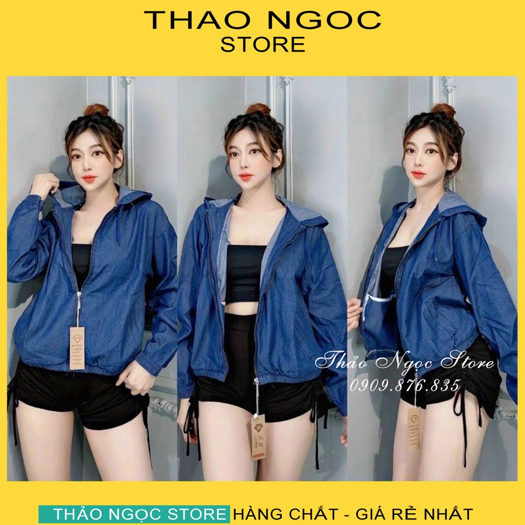 Áo khoác jean nón tay dài phối dây khóa kéo from rộng