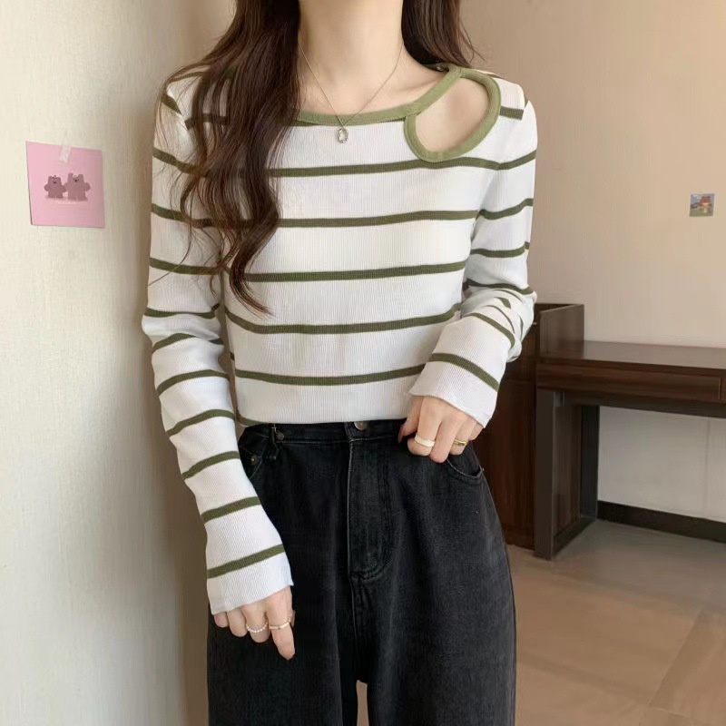 IELGYÁo sweater Dệt Kim Tay Dài Dáng Ôm Họa Tiết Kẻ Sọc Khoét Lỗ Thời Trang Cho Nữ