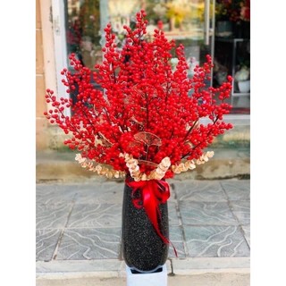 cành đào đông 12 nhánh to loại vip 1 cam kết chất lượng , cherry đỏ, lá táo xám phối hoa lụa cành điểm
