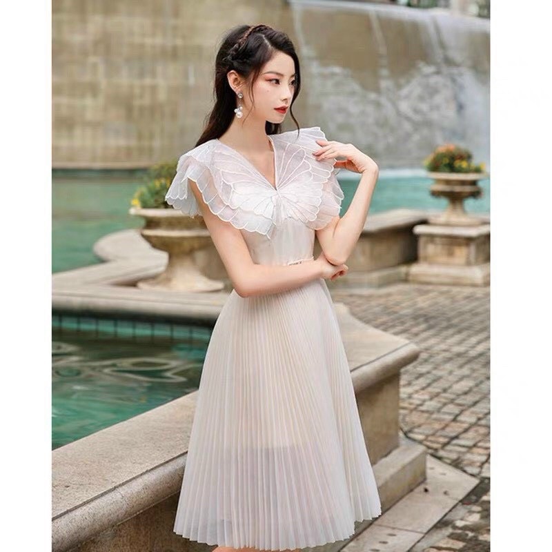 🌸ĐẦM MIDI CỔ REN CÁNH VOAN DẬP TRẮNG KÈM BELT