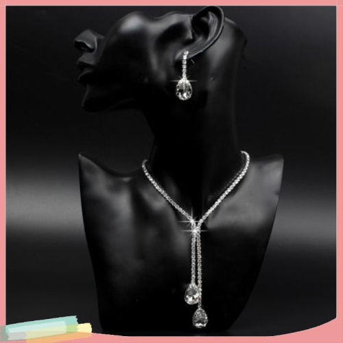 Vòng cổ và khuyên tai hình giọt nước đính đá sang trọng