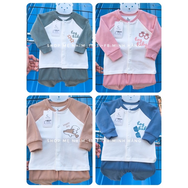 Bộ sơ sinh cài giữa nỉ lông Moon cho bé từ 0-3m, 3-6m