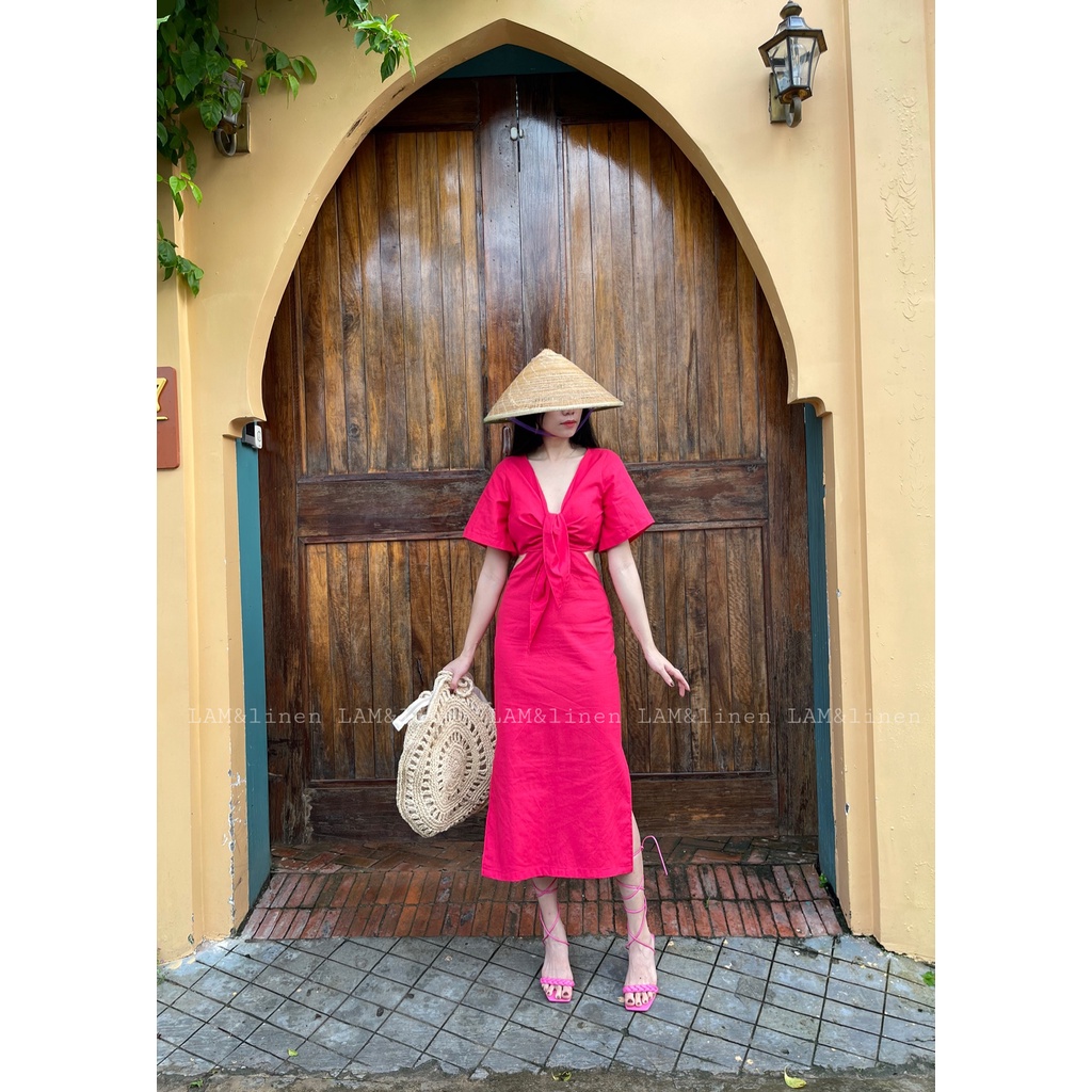 Đầm Váy nữ Cutout khoét eo midi vải Linen