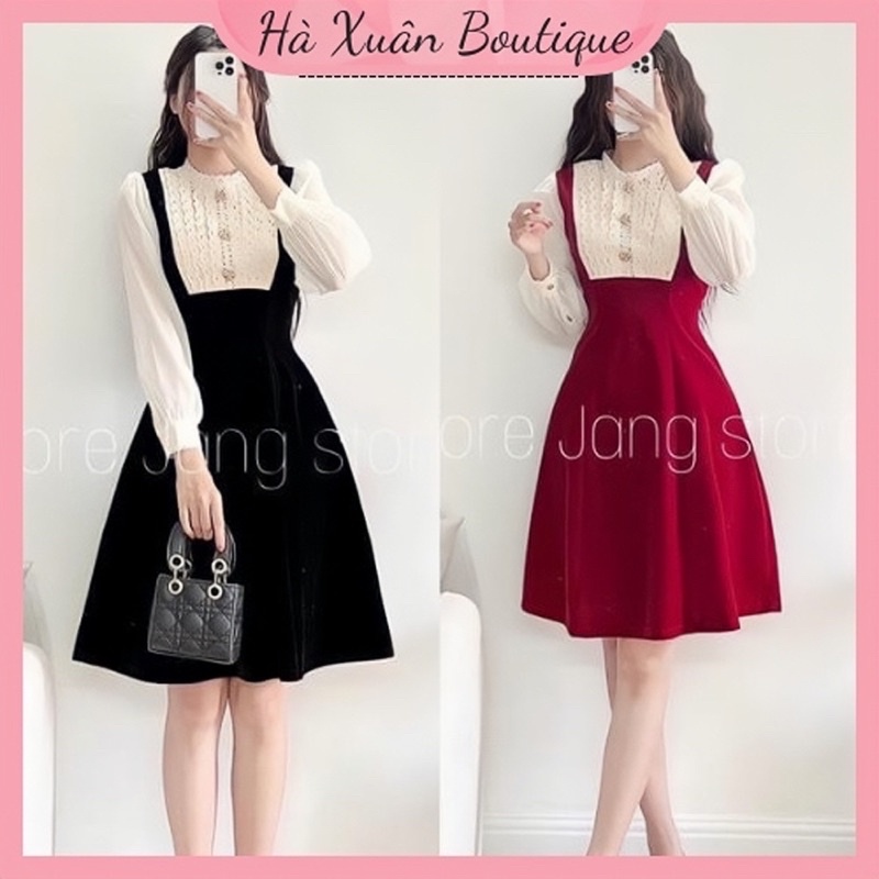 Váy Nhung Phối Ren Tay Voan Có BIGSIZE_Haxuanboutique