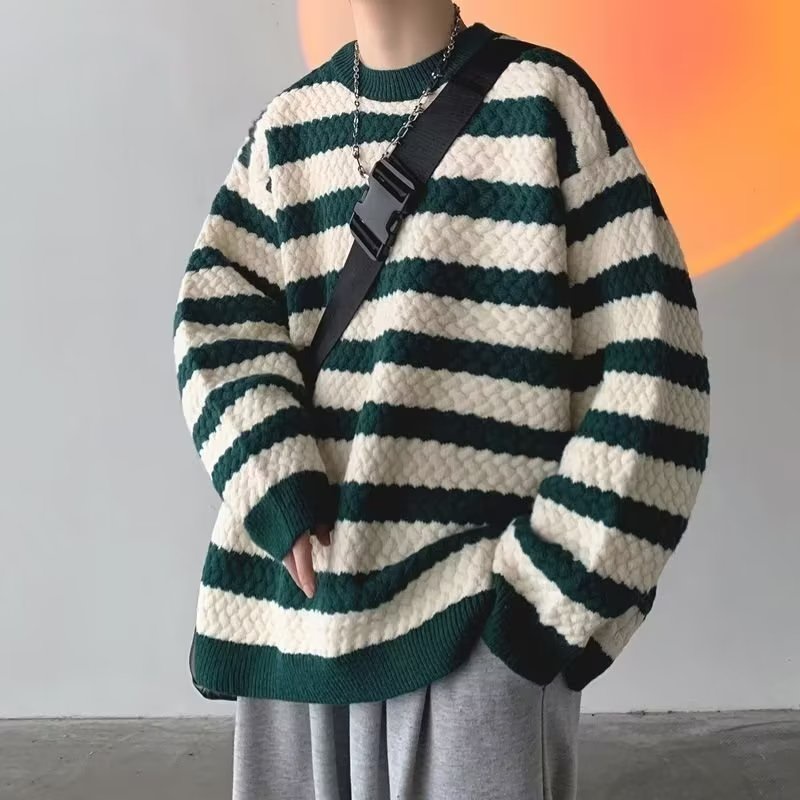 Áo Khoác Sweater Dệt Kim Dày Tay Dài Kẻ Sọc Kiểu Hàn Quốc Thời Trang Thu Đông Cho Nam