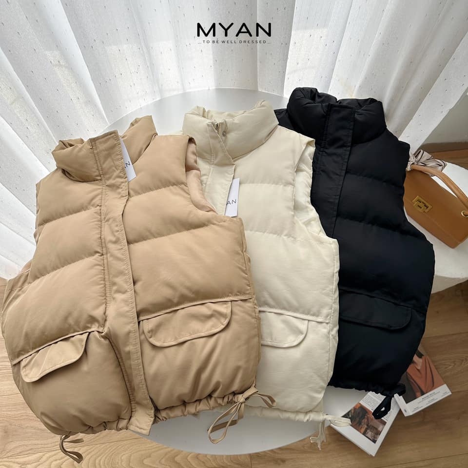 Áo Gile Phao Chần Bông MYAN Puffer Vest, Khoác Không Tay Khóa Kéo Ẩn Cổ Cao Gấu Rút Dây Màu Kem, Nâu, Đen A122212 (916)