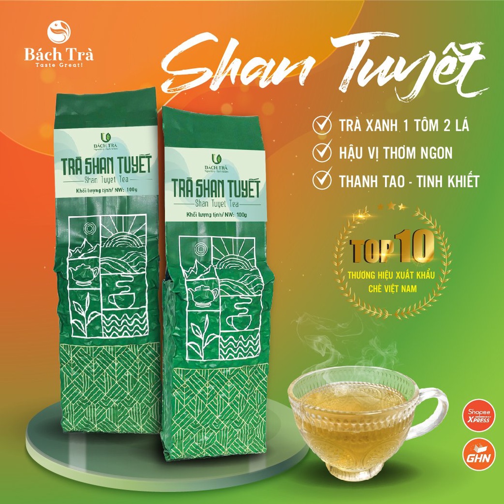 Trà Shan Tuyết Bách Trà đóng gói túi hút chân không theo các kích thường 100g/200g/500g