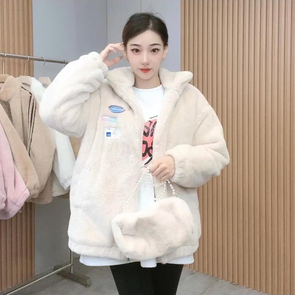 Áo khoác lông cừu, Set áo lông nữ kèm túi in logo mác xanh, Lông cừu mùa đông nữ dày dặn mẫu mới nhất 2022