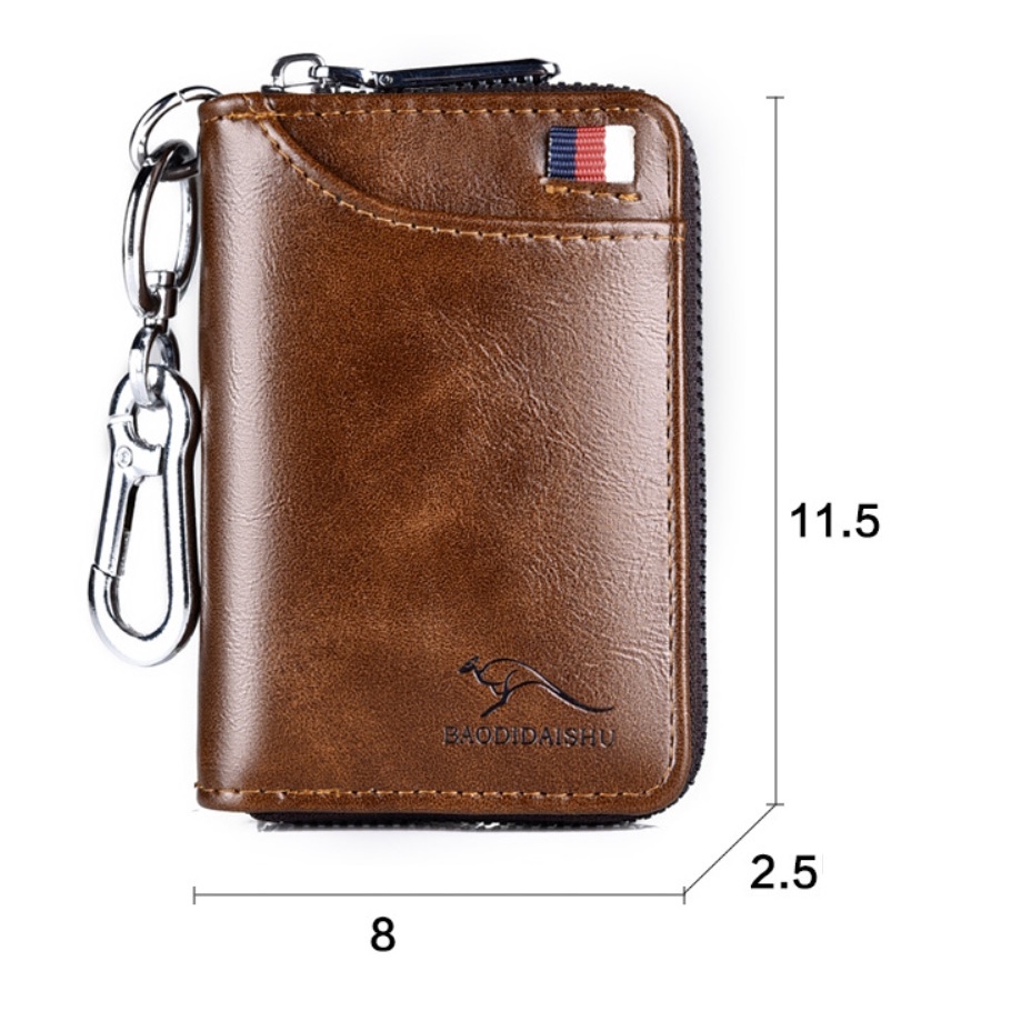 Ví Da Nam Đứng Đựng Chìa Khóa Xe Hơi Đa Năng Nhiều Khe Thẻ Ngăn Để TiềnTiện Lợi Có Khóa Kéo An Toàn Chống Trộm RFID