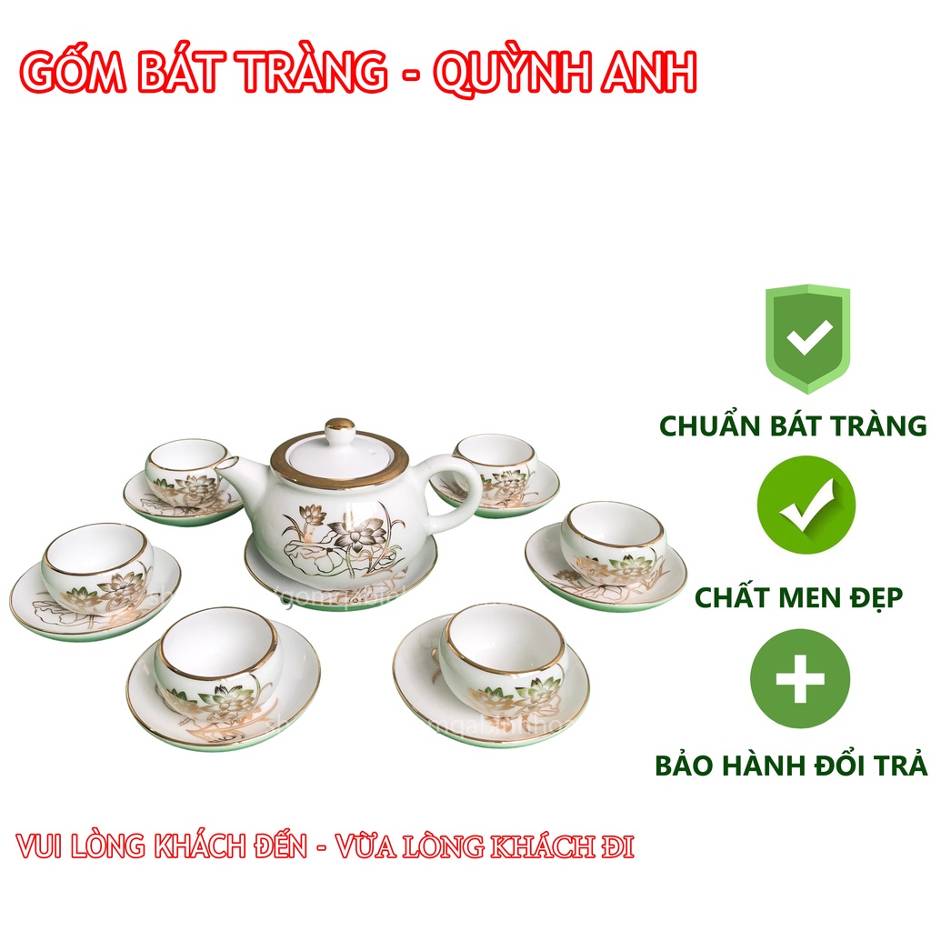 Bộ ấm chén Bát Tràng dung tích 380ml, Bộ ấm trà men mát vẽ chỉ vàng hoa sen Bát Tràng cao cấp