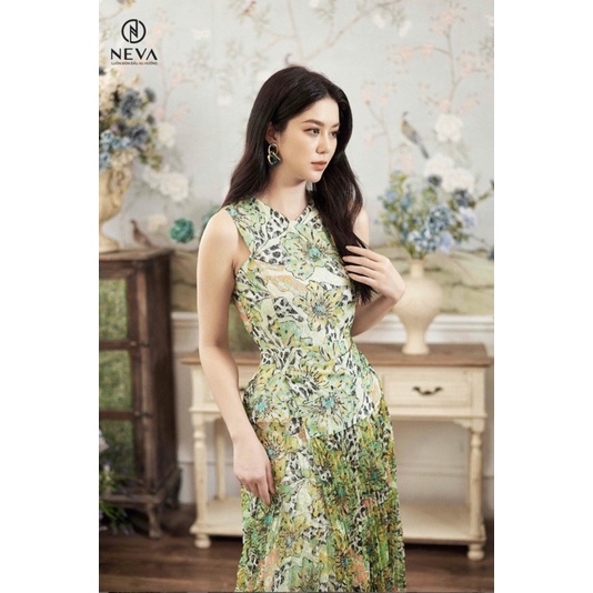 NEVA newtag đầm xanh midi ren phối tà dập ly mới nguyên tag S/M/L