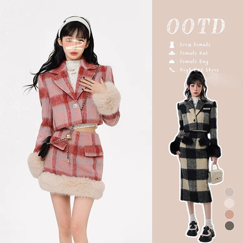 [Hàng Có Sẵn] set Áo Khoác tartan Dày Dặn Và Chân Váy Thời Trang Thu Đông Phong Cách Hàn Quốc