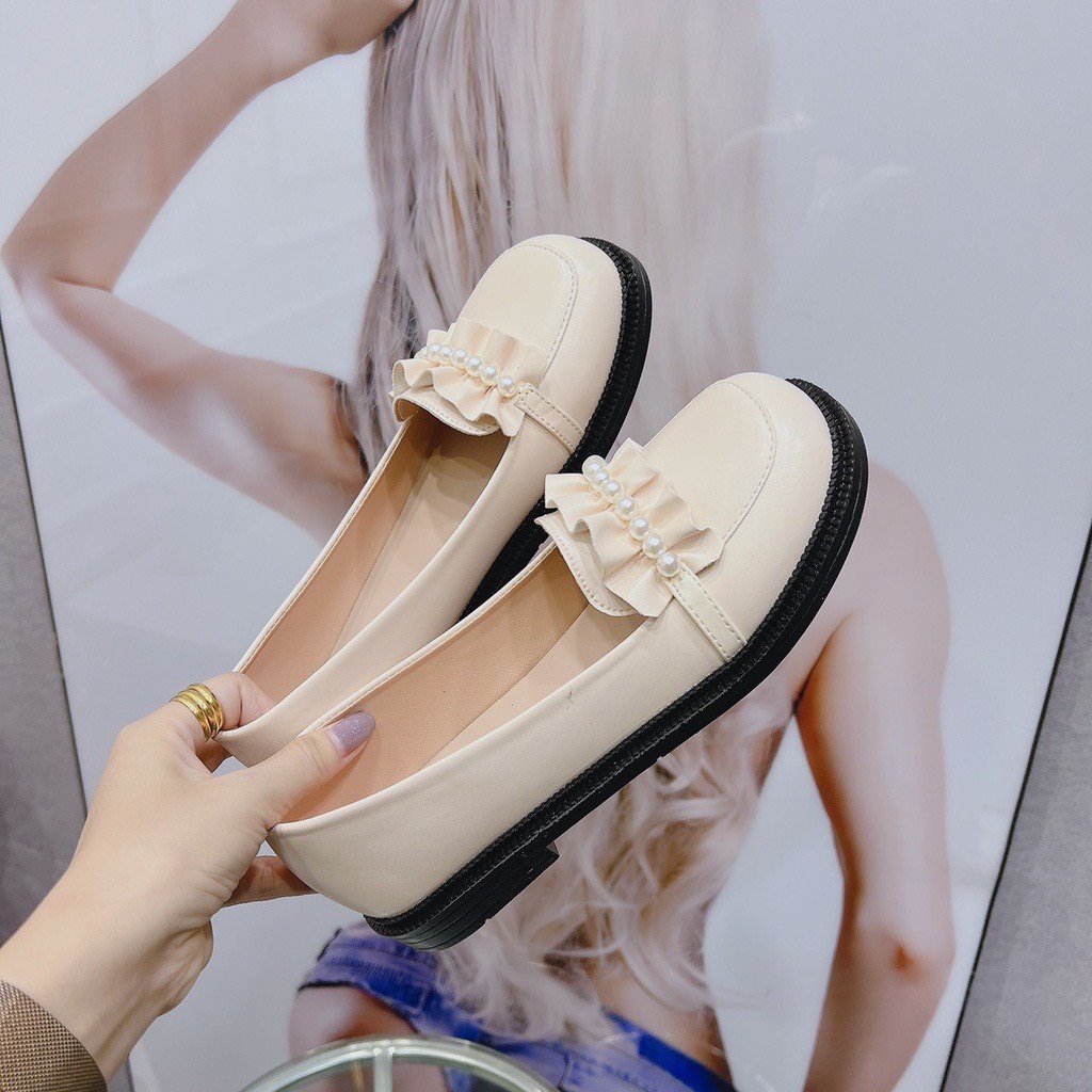 Giày nữ, giày lười bèo nhún ngọc siêu xinh 2 màu đen, kem