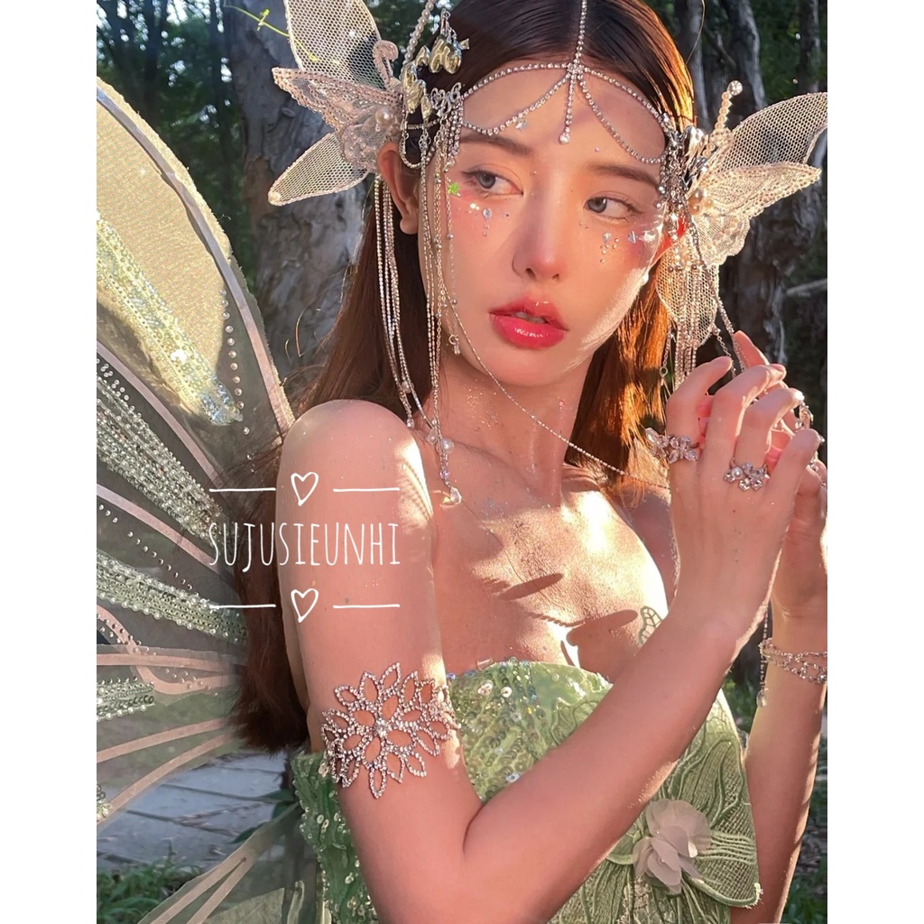 kẹp tóc hanmade hình cánh thiên thần bướm vải lưới đính đá dây tua rua chụp ảnh, dành cho cô dâu