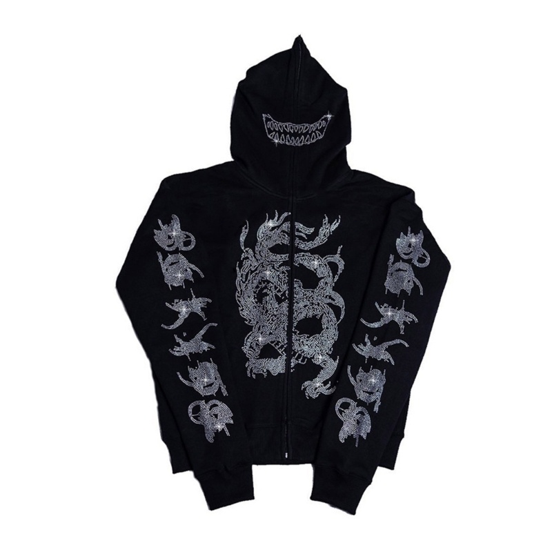Xiangbao Áo Khoác Hoodie Tay Dài Có Túi Hình Rồng Đính Đá Kim Cương Giả Cho Nữ
