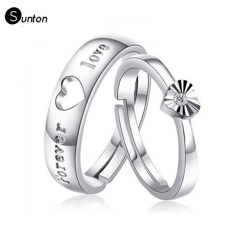 Bộ 2 Nhẫn Cưới Bạc 925 Đính Kim Cương Pha Lê Có Thể Điều Chỉnh Sunton JP5