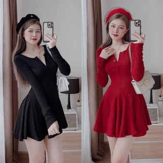 Váy body cúc len tăm tay dài tay dáng xòe cúc mivosa vn100