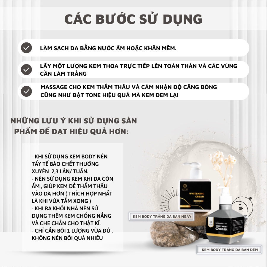 Kem body trắng da toàn thân cao cấp WHITENING CREAM ALYSA 250gram ngày và đêm, combo kem body bật tone sau 7- 10 ngày