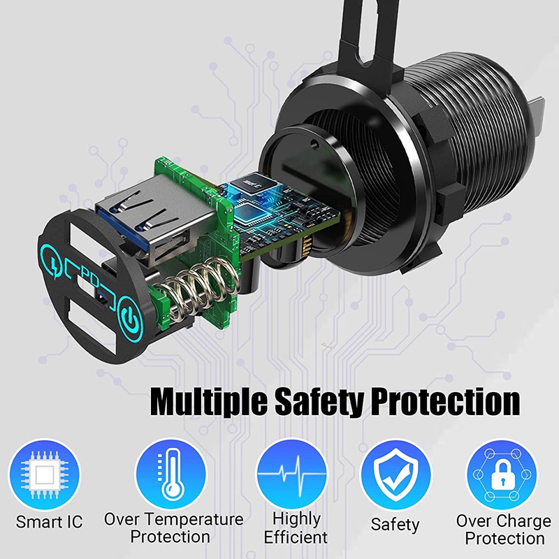 Tẩu Sạc Nhanh QC 3.0 PD3.0 Ba Cổng USB 12V 24V 60W USB-C Có Công Tắc Cho Tàu Thuyền Xe Hơi Xe Tải RV Xe Máy