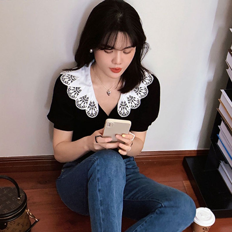 Áo Thun Dệt Kim Tay Ngắn Cổ Chữ V Thời Trang Hàn Quốc Dành Cho Nữ