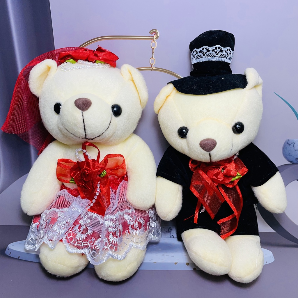 Gấu Bông Teddy Đôi Dễ Thương Cho Bé, Gấu Bông Cô Dâu Chú Rể Gắn Hoa Xe Cưới, Cặp Gấu Bông mềm mịn