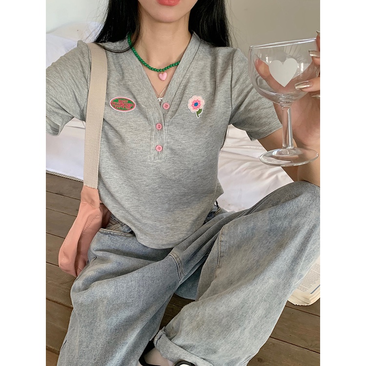 Áo thun ZHELIHANGFEI tay ngắn cổ chữ V dáng rộng in họa tiết thời trang