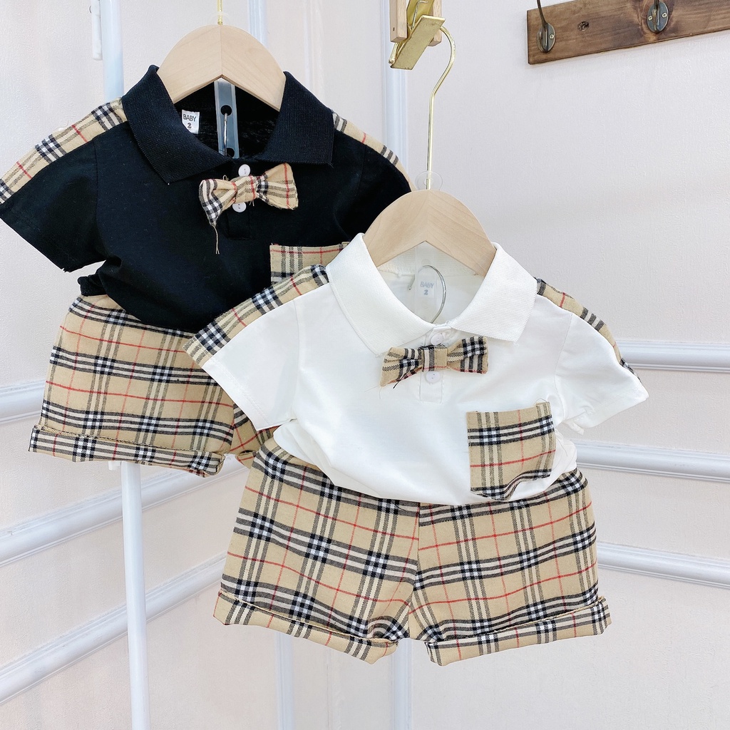 Bộ Cộc Tay Bé Trai, Bộ Cotton Kẻ Burberry Nơ Công Tử Sịn Xò Cho Bé Trai Từ 8 - 20kg