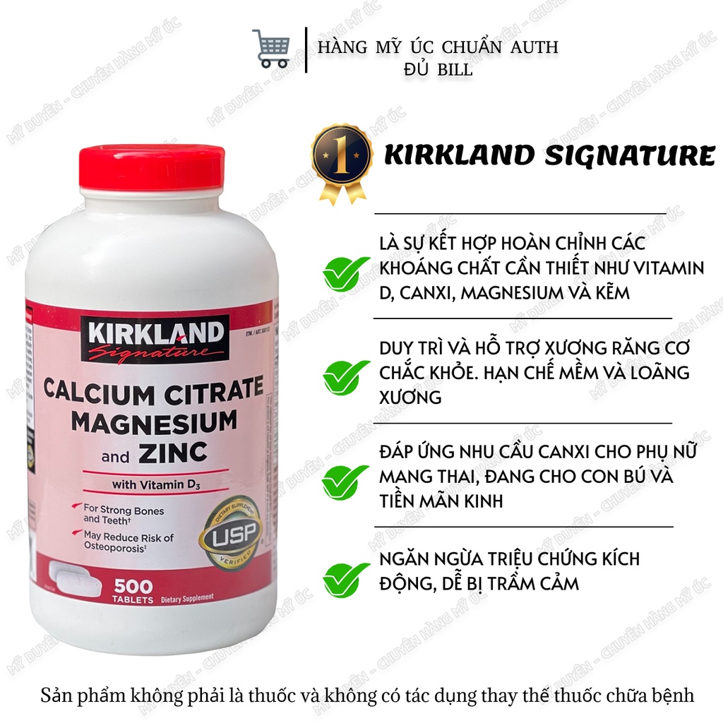 Viên uống Calcium Citrate Magnesium and Zinc with Vitamin D3 Kirkland 500 viên