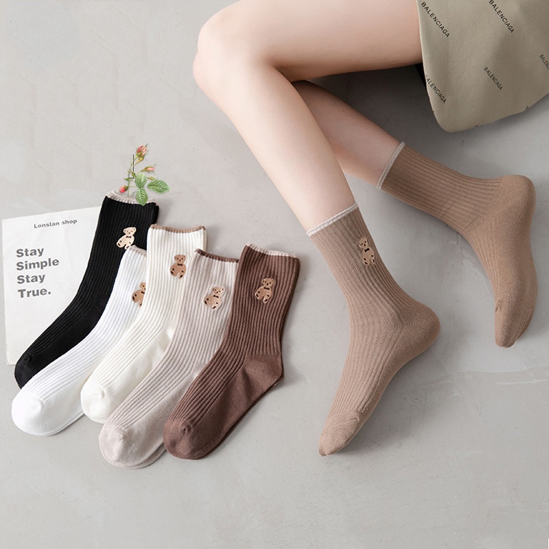 Tất nhún cổ cao nữ phong cách Hàn Quốc vớ Lolita đẹp in hình chú cún dễ thương chất cotton co giãn thấm hút HANASO TD032