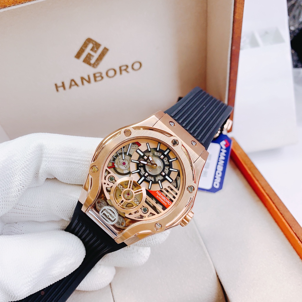 Đồng Hồ Nam Hanboro HBR 995 Màu Đen - Dây Cao Su , Máy Automatic , Size 42mm