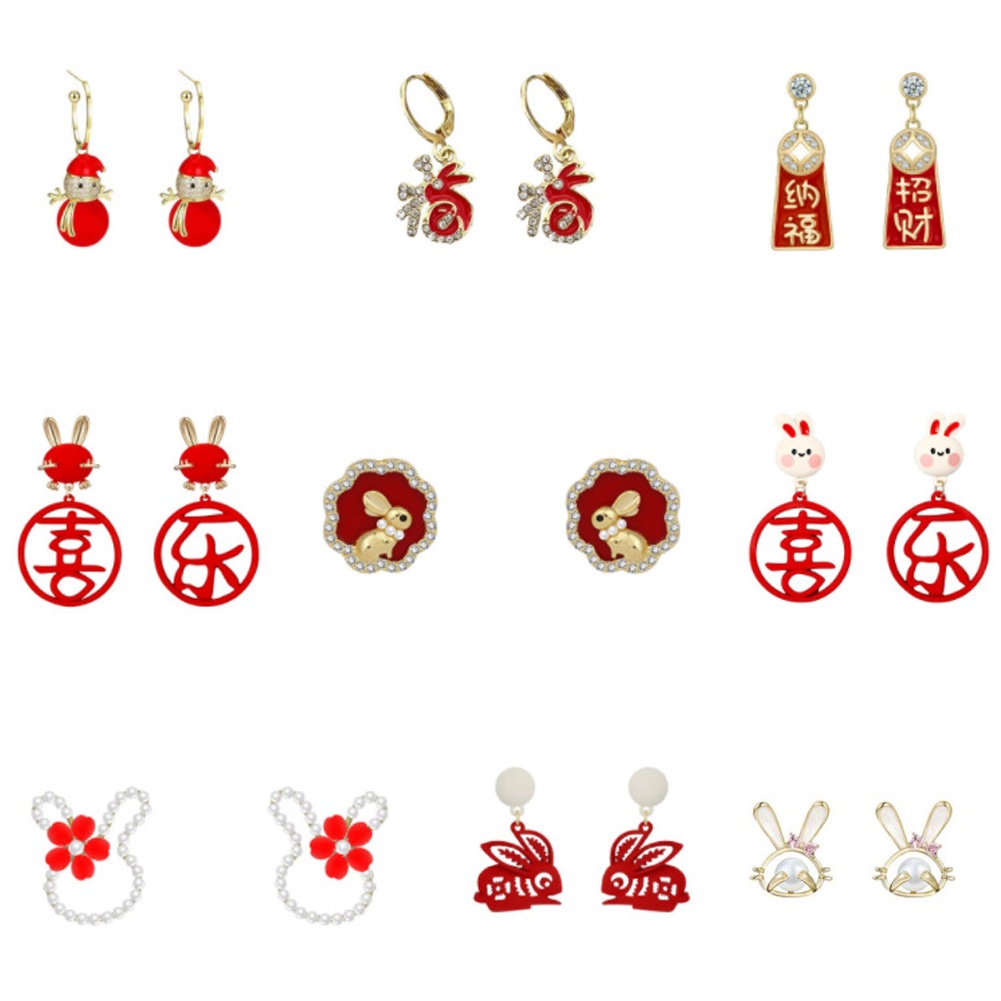 1 Đôi Bông Tai Hình Thỏ Đỏ Phong Cách Trung Hoa Mới