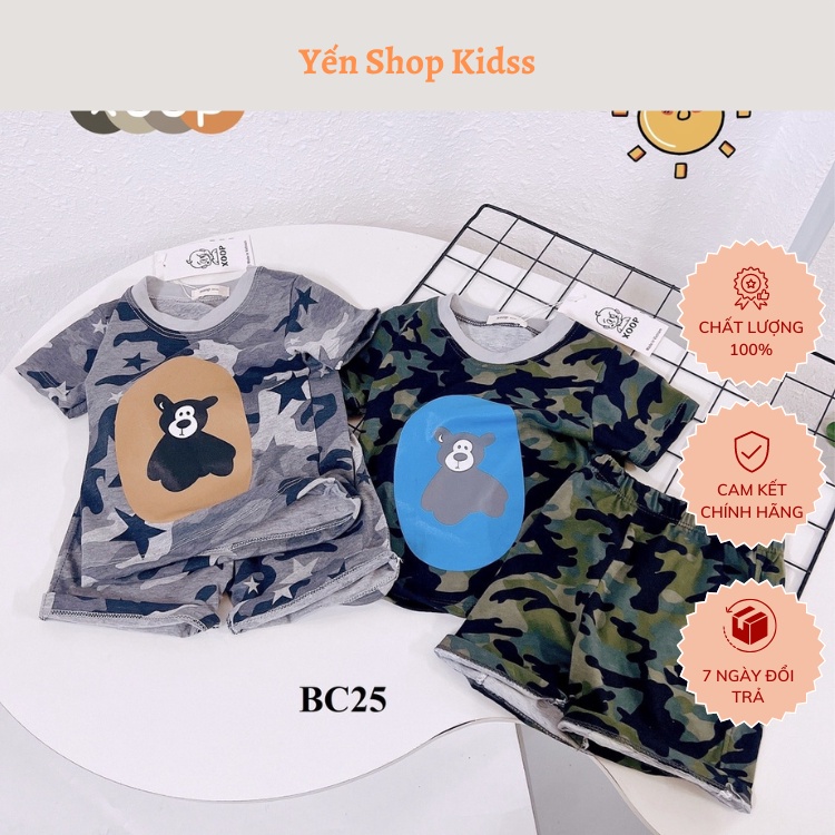 Bộ quần áo trẻ em Bộ cộc tay cotton - XOOP rêu lính in họa tiết gấu cho bé (từ 7-17kg) BC25 Yến Shop Kidsss