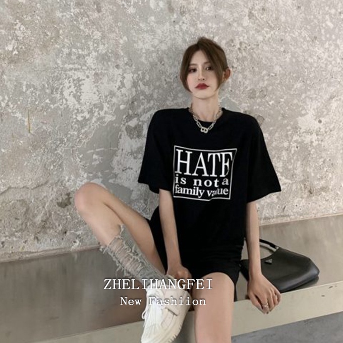 Áo thun ZHELIHANGFEI ngắn tay dáng rộng in chữ cá tính thời trang dễ phối đồ