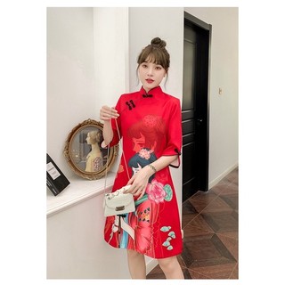 Đầm kiểu sườn xám đỏ cam hình cô gái hoa sen size lớn big size tết 60-70kg
