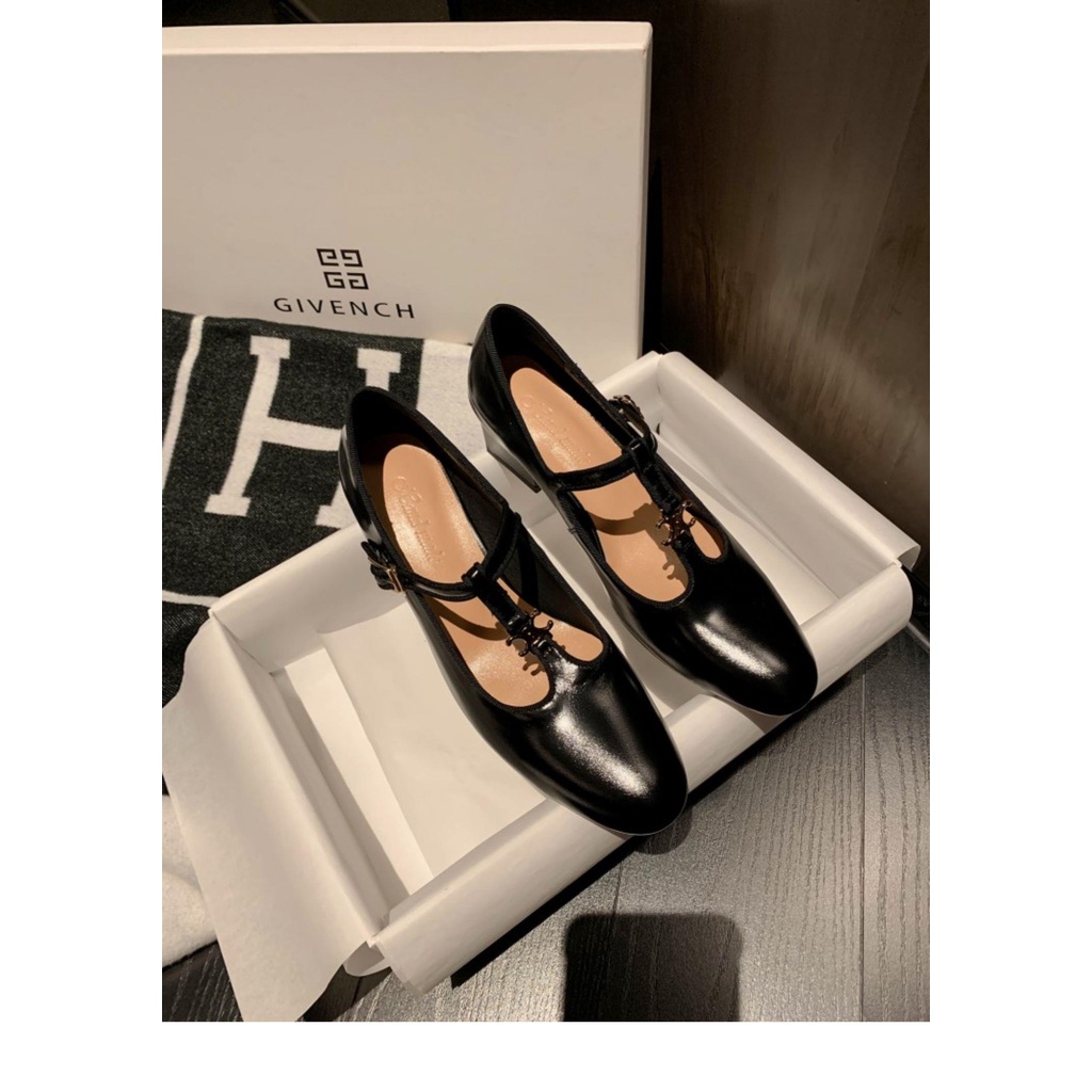 Giày cao gót da mũi tròn phối dây chữ T phong cách Pháp retro