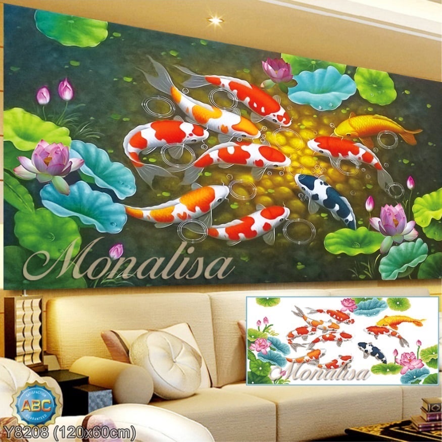 TRanh đính đá Cửu ngư quần hội kt 120x60 cm/ 160x70 cm