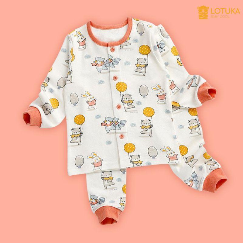 Bộ Dài Tay Cài Cúc Lotuka Chất Cotton 100% Mềm Mịn, Quần Áo Thu Đông Cho Bé Trai, Bé Gái 4-18kg