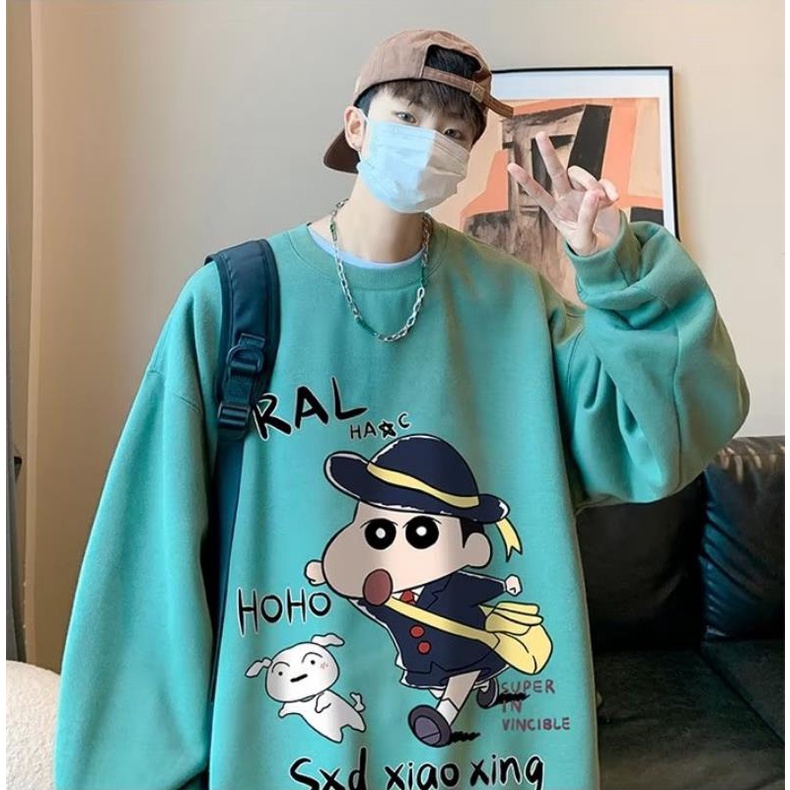 Áo Nỉ Tay Dài Cổ Tròn In Hình Cậu Bé Bút Chì Shin Phong Cách Hàn Quốc Nhật Bản Cho Nam Và Nữ Plus Size M-5XL