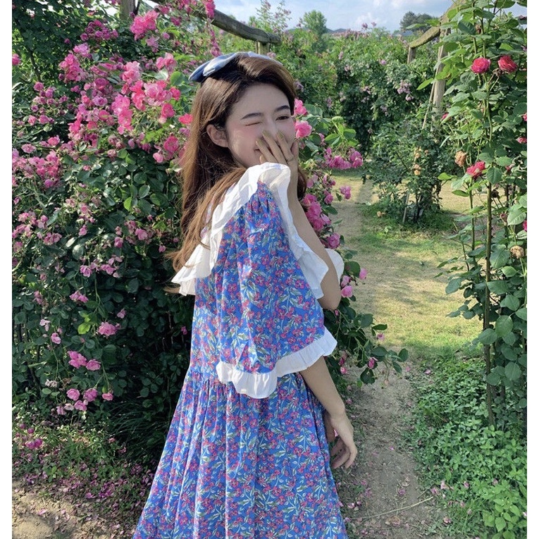 Váy Baby Doll Hoa Nhí Coban Xếp Bèo, Tiểu Thư Xinh Xắn