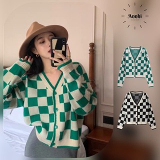 Áo cardigan nữ dáng ngắn loại dày họa tiết kẻ ô bàn cờ phong cách Hàn Quốc ảnh thật