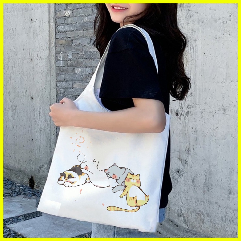 Túi tote vải đeo chéo canvas size to giá rẻ phong cách Hàn Quốc đi học đi chơi đều đẹp MÈO -T03