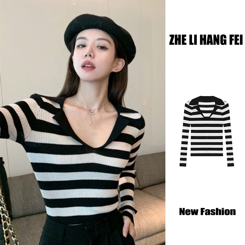 Áo kiểu ZHELIHANGFEI dệt kim tay dài cổ polo bẻ họa tiết kẻ sọc thời trang trẻ trung dành cho nữ
