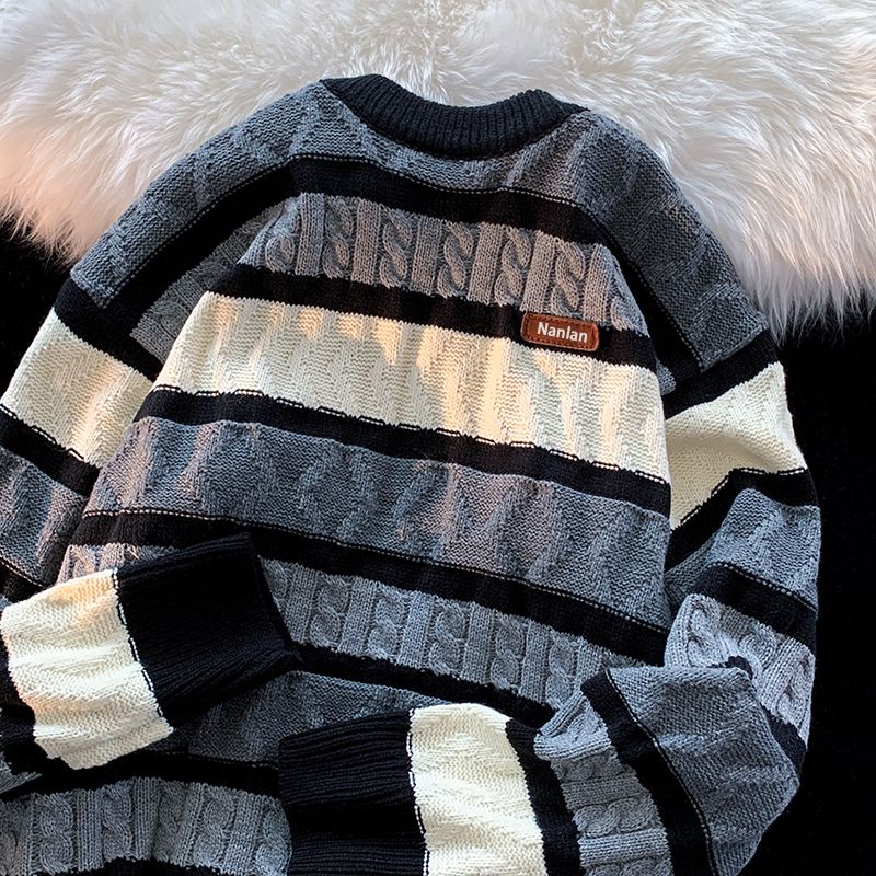 Áo Sweater Cổ Tròn Kẻ Sọc Màu Sắc Tương Phản Thời Trang Thu Đông Cho Nam Và Nữ