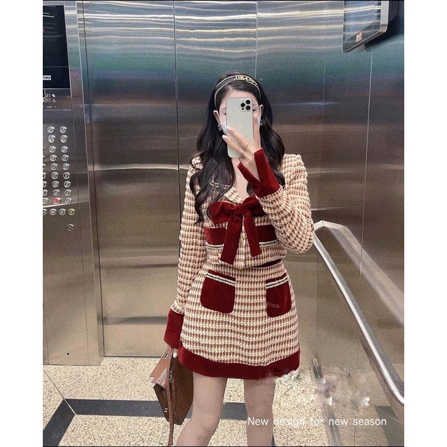 Sét dạ đỏ nhũ nơ ngực pha nhung Noen, Tết