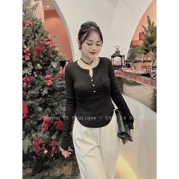 Áo thun gân tăm nút gài dài tay form ôm body, Áo dài tay vạt bầu phối khuy nữ Thun kiểu dáng ôm body bánh bèo tiểu thư