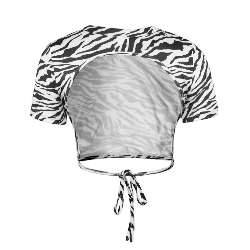 Áo Croptop Ngắn Tay Cổ Tròn Hở Lưng Form Ôm Họa Tiết Sọc Ngựa Vằn Cho Nữ