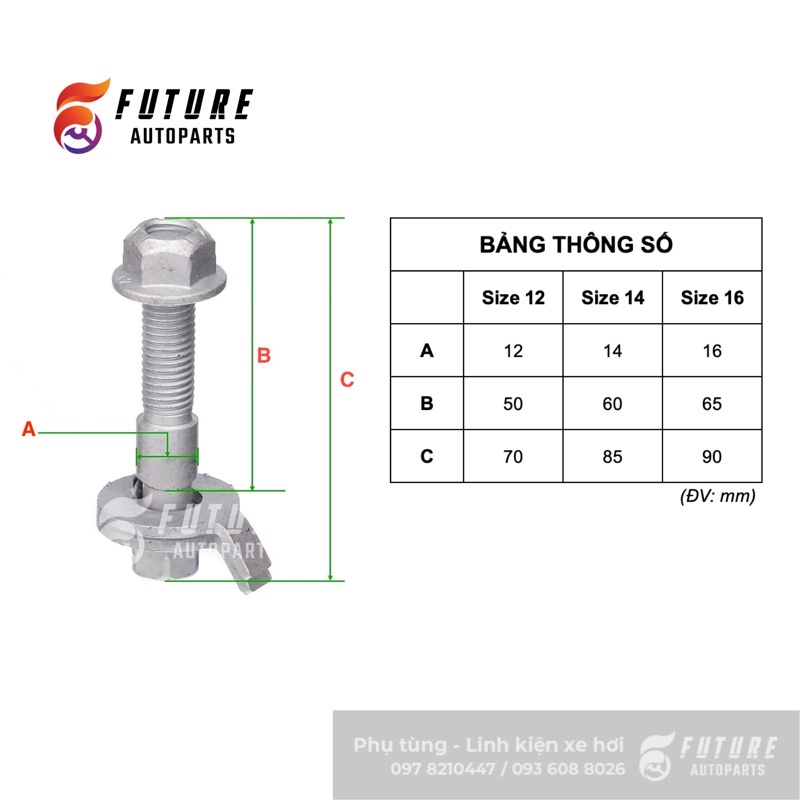 Ốc camber tăng chỉnh góc nghiêng, độ chụm của bánh xe với nhiều kích cỡ lựa chọn - Future Autoparts