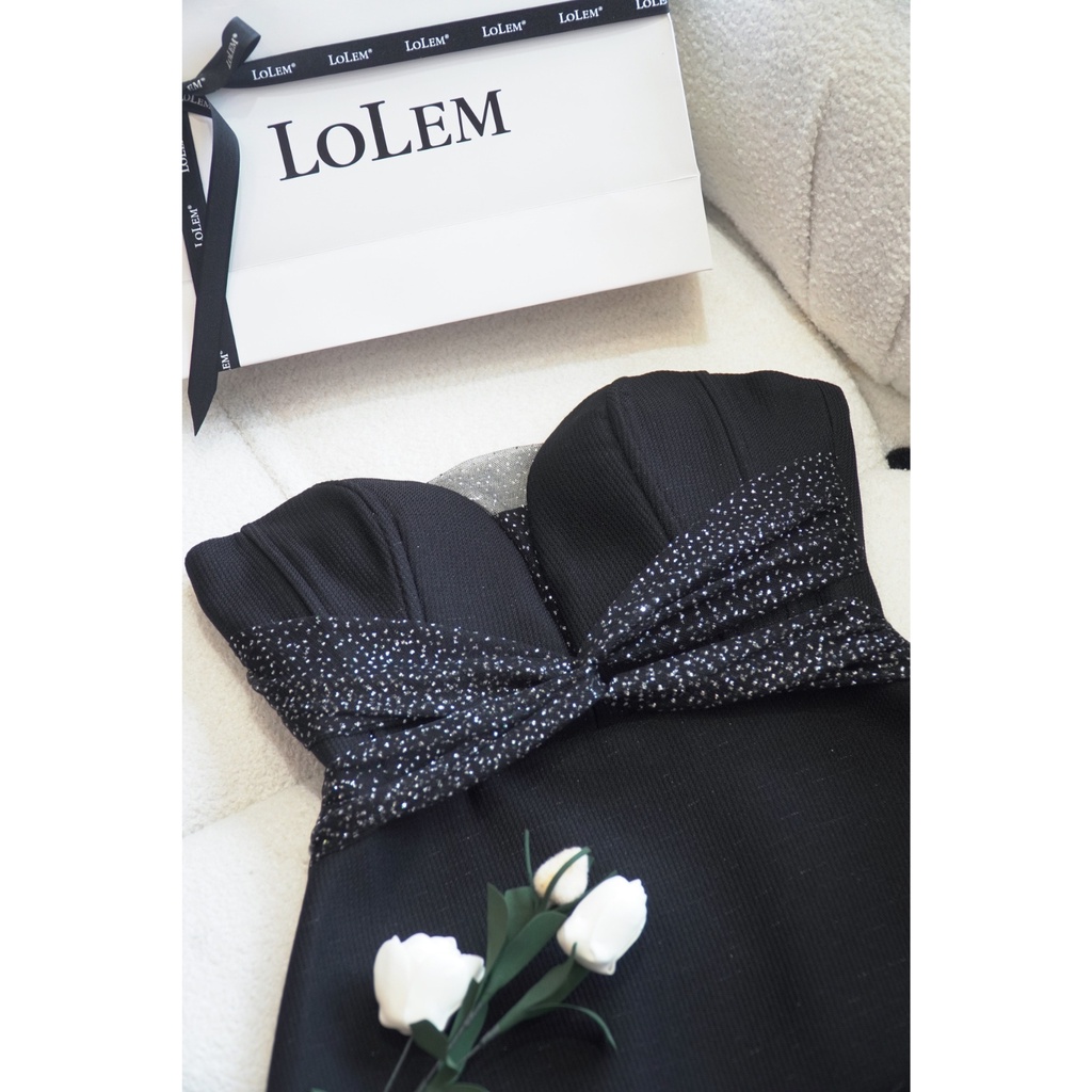 Đầm cúp ngực LOLEM DO208 xoắn eo vải tweed sợi pha kim tuyến