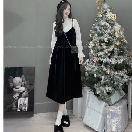 Váy Yếm Bầu Thu Đông Nhung Tăm Liền Áo, Style Hàn Quốc Siêu Xinh