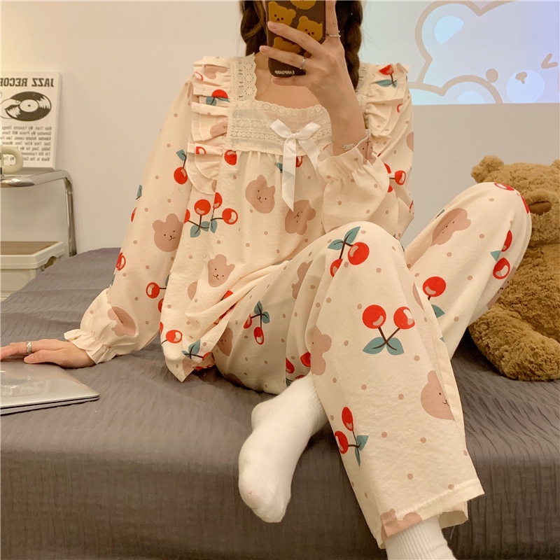 Bộ đồ ngủ Pyjama mềm mại cổ vuông nơ ren nhiều mẫu